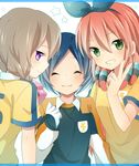  bad_id bad_pixiv_id blue_hair blush braid closed_eyes gloves goalkeeper green_eyes grin hair_ribbon inazuma_eleven_(series) inazuma_eleven_go izumi39 lightning_bolt long_hair multiple_girls purple_eyes raimon raimon_soccer_uniform ribbon seto_midori short_hair smile soccer_uniform sorano_aoi sportswear twin_braids v yamana_akane 