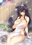  animal_ears black_hair breasts brown_eyes cherry_blossoms cleavage covering fox_ears fox_tail highres huge_breasts long_hair mole mole_under_eye nude_cover onsen original smile solo steam tail thick_thighs thighs towel watanuki_kaname 