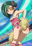  1girl ass bare_shoulders blush cheerleader covering green_hair miniskirt mizuki_kotori short_hair socks thighs tongue yu-gi-oh! yuu-gi-ou_zexal 
