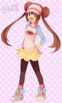  bad_id bad_pixiv_id blue_eyes brown_hair double_bun hand_on_hip long_hair mei_(pokemon) open_mouth pantyhose piany pokemon pokemon_(game) pokemon_bw2 polka_dot polka_dot_background raglan_sleeves smile solo twintails visor_cap 