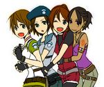  beret black_hair blue_eyes brown_hair claire_redfield hat hug hug_from_behind jill_valentine multiple_girls no_nose one_eye_closed open_mouth purple_eyes rebecca_chambers resident_evil sheva_alomar short_hair smile syobumoga 