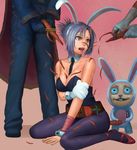  animal_ears bare_shoulders battle_bunny_riven belt between_breasts blue_hair breasts bunny_ears bunnysuit carrot choker cleavage commentary_request cuffs easter highres lasterk league_of_legends lee_sin necktie open_mouth pantyhose peeler peeling red_eyes riven_(league_of_legends) sexually_suggestive short_hair small_breasts teemo tongue twisted_fate 