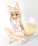  animal_ears barefoot blonde_hair blush feet fox_ears fox_tail inuue_kiyu legs long_hair naked_shirt off_shoulder orange_eyes original shirt sitting solo t-shirt tail tears 