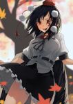  1girl autumn autumn_leaves bangs black_hair black_skirt blue_sky blush bow bowtie breasts buttons collar collared_shirt eyebrows_visible_through_hair futatsuki_eru grey_bow grey_bowtie hair_between_eyes hand_up hat leaf looking_down looking_to_the_side medium_breasts pointy_ears pom_pom_(clothes) puffy_short_sleeves puffy_sleeves red_eyes red_headwear shameimaru_aya shirt short_hair short_sleeves skirt sky solo standing tokin_hat touhou tree white_shirt wings 