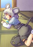  animal_ears capelet dowsing_rod fun_bo grey_hair jewelry looking_back lying mouse_ears mouse_tail nazrin on_stomach pendant red_eyes short_hair skirt socks solo tail touhou white_legwear 