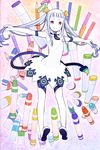  absurdres armpits bangs blunt_bangs boots crown demon_tail elbow_gloves flat_chest gloves halo highres kuroboshi_kouhaku long_hair looking_at_viewer marker official_art outstretched_arms palette_(character) pen pencil red_eyes scan skirt smile solo spread_arms tail thigh_boots thighhighs twintails white_gloves white_hair white_legwear white_skirt yumeiro_happy_end 