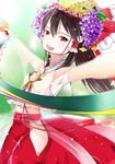  alternate_costume armpits bad_id bad_pixiv_id bell bow breasts brown_hair chin_strap detached_sleeves flower hair_bow hair_flower hair_ornament hair_tubes hakama hakurei_reimu japanese_clothes jingle_bell kagura_suzu long_hair midriff navel no_panties open_mouth outstretched_arms red_eyes red_hakama see-through skirt small_breasts smile solo spread_arms tassel touhou yamada_ranga 