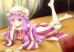 book crescent hand_on_own_face hat highres long_hair lying on_stomach open_book pantyhose patchouli_knowledge purple_eyes purple_hair solo striped sumtj touhou 