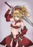  1girl absurdres arm_up blonde_hair bra braid breasts cleavage crown_braid detached_sleeves fate/apocrypha fate_(series) faulds green_eyes grey_background grin hair_ornament hair_scrunchie hand_on_hip highres holding holding_sword holding_weapon long_hair long_sleeves looking_at_viewer medium_breasts mordred_(fate) mordred_(fate)_(all) navel ponytail red_bra red_legwear red_scrunchie red_sleeves scrunchie shiny shiny_skin simple_background smile solo standing strapless strapless_bra swimsuit sword underboob underwear weapon yasu_(segawahiroyasu) 