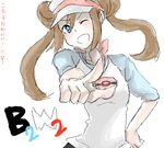  1girl blue_eyes breasts brown_hair hat mei_(pokemon) open_mouth pokemon pokemon_(game) pokemon_bw2 