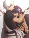  2boys blood eyepatch gintama guro katana multiple_boys purple_hair sakata_gintoki sword takasugi_shinsuke weapon white_hair 