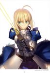  absurdres ahoge armor armored_dress artoria_pendragon_(all) blonde_hair breastplate dress excalibur fate/zero fate_(series) faulds frown gauntlets glowing glowing_weapon green_eyes highres holding official_art puffy_sleeves saber serious short_hair simple_background solo sword takeuchi_takashi weapon white_background 