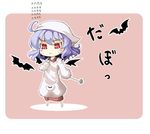  bat bat_wings blue_hair head_scarf holding ladle mochinabe outline paw_print pink_background red_eyes remilia_scarlet simple_background solo standing sweatdrop touhou translated wings 