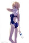  absurdres artoria_pendragon_(all) blonde_hair bottle competition_swimsuit fate/zero fate_(series) from_behind green_eyes hair_tie highres holding looking_back one-piece_swimsuit ponytail saber simple_background solo swimsuit takeuchi_takashi towel 
