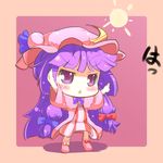  border chibi crescent energy_ball hat long_hair mochinabe outstretched_arms patchouli_knowledge purple_eyes purple_hair solo striped touhou translated vertical_stripes 