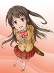  :d bag blazer bow brown_eyes brown_hair half_updo highres idolmaster idolmaster_cinderella_girls jacket long_hair one_side_up open_mouth plaid plaid_skirt pobii school_bag school_uniform shimamura_uzuki skirt smile solo 