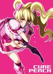  blonde_hair boots bow clenched_teeth corset cure_peach earrings enoshima_iki fresh_precure! full_body hair_ornament hairpin heart heart_hair_ornament jewelry knee_boots long_hair magical_girl momozono_love pink_background pink_bow pink_eyes pink_footwear precure serious skirt solo teeth twintails wrist_cuffs 