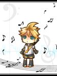  aqua_eyes bad_id bad_pixiv_id blonde_hair chibi detached_sleeves headset kagamine_len letterboxed male_focus musical_note ria shorts solo standing vocaloid 