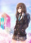  bag brown_hair cardigan dress_shirt green_eyes hands_in_pockets idolmaster idolmaster_cinderella_girls inaba-no-kuni-tottori long_hair necktie petals school_bag school_uniform shibuya_rin shirt skirt solo 