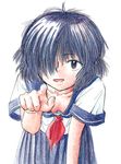  black_hair breasts collarbone graphite_(medium) hair_over_one_eye nazo_no_kanojo_x s-a-murai school_uniform short_hair skirt small_breasts solo traditional_media urabe_mikoto 