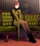  aozaki_touko closed_eyes couch fishnet_pantyhose fishnets full_body game_cg glasses highres koyama_hirokazu long_legs mahou_tsukai_no_yoru pantyhose red_hair short_hair sitting smile solo 