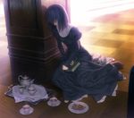  black_eyes black_hair book creamer_(vessel) cup dress game_cg koyama_hirokazu kuonji_alice mahou_tsukai_no_yoru pillar short_hair sleeping solo tea teacup teapot 