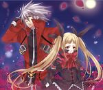  1girl blazblue blonde_hair blue_eyes bow coat cross darkness dress flower gothic_lolita lolita_fashion long_hair petals rachel_alucard ragna_the_bloodedge red_bow ribbon rose rose_petals twintails white_hair yuukikorosuke 