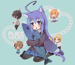  &gt;_&lt; 3girls acchi_kocchi ahoge animal_ears ascot blonde_hair blue_eyes blue_hair blush brown_hair cat_ears cat_tail closed_eyes fish frills hair_over_eyes hair_tubes haruno_hime heart hug inui_sakaki katase_mayoi long_hair low-tied_long_hair michoko_(pixiv72203) miniwa_tsumiki multiple_boys multiple_girls orange_hair otonashi_io pantyhose school_uniform sitting skirt tail text_focus very_long_hair white_background x_x 