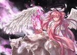  bow_(weapon) c.z. dress feathered_wings feathers gloves holding kaname_madoka long_hair mahou_shoujo_madoka_magica orange_eyes pink_hair smile solo spoilers two_side_up ultimate_madoka very_long_hair weapon white_dress white_wings wings 
