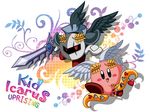  2boys arrow crossover crown dark_pit heart kid_icarus kid_icarus_uprising kirby kirby_(series) mask meta_knight multiple_boys nintendo no_humans pit pit_(kid_icarus) scar simple_background sword weapon wings wreath 