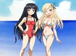  2girls bare_shoulders bikini black_hair blonde_hair blue_eyes boku_wa_tomodachi_ga_sukunai breasts cleavage cloud erect_nipples hands_on_hips happy kashiwazaki_sena large_breasts legs long_hair looking_at_viewer micro_bikini mikazuki_yozora multiple_girls navel ocean open_mouth purple_eyes sky small_breasts smile standing swimsuit thighs water wink yabusame 