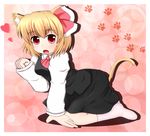  all_fours animal_ears ascot b.leaf blonde_hair blush breasts cat_ears cat_tail fang hair_ribbon heart highres kemonomimi_mode open_mouth pink_background red_eyes ribbon rumia shirt short_hair skirt skirt_set small_breasts socks solo tail touhou white_legwear 