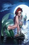  ariel big_breasts bracelet breasts cleavage clothed clothing cloud disney female freckles hair j_scott_campbell jewelry looking_at_viewer mermaid moon necklace night outside red_hair rock sea seashell seductive ship solo the_little_mermaid unknown_artist water 