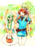  2boys basket bow_(weapon) braid brown_hair carrying child father_and_son fingerless_gloves fire_emblem fire_emblem:_rekka_no_ken gloves green_eyes green_hair hair_over_shoulder happy hetero husband_and_wife long_hair millipen_(medium) mother_and_son multiple_boys paint_(medium) rebecca_(fire_emblem) short_hair shoulder_carry traditional_media twin_braids weapon wil_(fire_emblem) wolt 