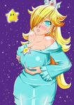  1girl bare_shoulders blonde_hair blue_eyes blush breasts cleavage crown female hair_over_one_eye huge_breasts long_hair mario_(series) nintendo open_mouth princess_rosalina rosalina_(mario) rosetta_(mario) smile star super_mario super_mario_bros. super_mario_galaxy 