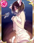  animal_ears bad_id bad_pixiv_id bare_shoulders blue_eyes brown_hair card_(medium) card_parody cat_ears cat_tail chopsticks cinderella_girls_card_parody fish flower_(symbol) hamayumiba_sou idolmaster idolmaster_cinderella_girls maekawa_miku open_mouth parody scared short_hair solo tail tears towel 