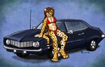  bikini breasts camel_toe car cheetah clothed clothing feline female hair long_hair mammal purple_eyes sage116 skimpy solo swimsuit turi 