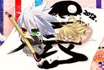  &gt;_&lt; 1girl 2012 arakune blazblue blonde_hair closed_eyes green_eyes hat heterochromia noel_vermillion ragna_the_bloodedge silver_hair yuukikorosuke 