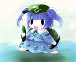  :3 backpack bag blue_hair blush chibi cucumber dress evil_smile hair_bobbles hair_ornament hat kawashiro_nitori key long_hair nichori no_nose open_mouth pocket smile solid_oval_eyes solo touhou two_side_up when_you_see_it yume_shokunin 