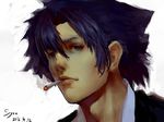  black_eyes blue_hair cigarette dated emiya_kiritsugu facial_hair fate/zero fate_(series) frank-syou highres male_focus realistic signature solo stubble 