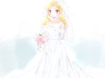 bad_id bad_pixiv_id bare_shoulders blonde_hair blush bouquet dress drill_hair flower jewelry mahou_shoujo_madoka_magica necklace rose smile solo strapless strapless_dress tomoe_mami twin_drills twintails veil wedding_dress yellow_eyes yoshinogai 