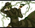  blazblue fedora fingerless_gloves formal gloves green_hair hat hazama male_focus necktie smile solo suit white_background yellow_eyes yuukikorosuke 