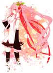  bad_id bad_pixiv_id cherry cherry_blossoms detached_sleeves food fruit hatsune_miku highres long_hair looking_at_viewer necktie object_namesake pink_eyes pink_hair profile sakura_miku skirt smile solo sss3 thighhighs twintails very_long_hair vocaloid 