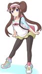  bag black_legwear blue_eyes breasts brown_hair double_bun full_body kuro_(be_ok) leaning_forward long_hair mei_(pokemon) miniskirt panties panties_under_pantyhose pantyhose pokemon pokemon_(game) pokemon_bw2 raglan_sleeves satchel shoes skirt small_breasts sneakers solo standing twintails underwear visor_cap white_background 