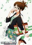  absurdres akizuki_ritsuko antenna_hair bag brown_eyes brown_hair collarbone cover dvd_cover folded_ponytail glasses highres idolmaster idolmaster_(classic) long_hair musical_note nishigori_atsushi official_art one_eye_closed signature solo 