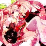  boots cherry detached_sleeves food fruit hatsune_miku long_hair manabu necktie obi pink_eyes pink_footwear pink_hair sakura_miku sash skirt solo thighhighs twintails very_long_hair vocaloid 