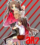  2girls anger_vein archer black_legwear blue_eyes brown_eyes brown_hair carrying child dual_persona fate/stay_night fate/zero fate_(series) hair_ribbon multiple_girls orbe ribbon teenage thighhighs time_paradox toosaka_rin two_side_up white_hair younger 