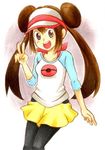  1girl black_legwear blue_eyes breasts brown_hair hat mei_(pokemon) open_mouth pokemon pokemon_(game) pokemon_bw2 ribbon skirt v 
