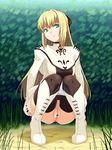  :&lt; anus aqua_eyes blonde_hair boots bow censored cyril grass hair_bow highres hou_(hachiyou) knee_boots long_hair panties panty_pull pubic_hair pussy shining_(series) shining_force_exa solo squatting sweatdrop underwear 
