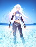  aozaki_aoko belt blue_eyes blurry denim depth_of_field elbow_gloves game_cg gloves glowing glowing_hair highres jeans koyama_hirokazu long_hair mahou_tsukai_no_yoru midriff navel pants solo spoilers torn_clothes torn_jeans torn_pants white_hair 